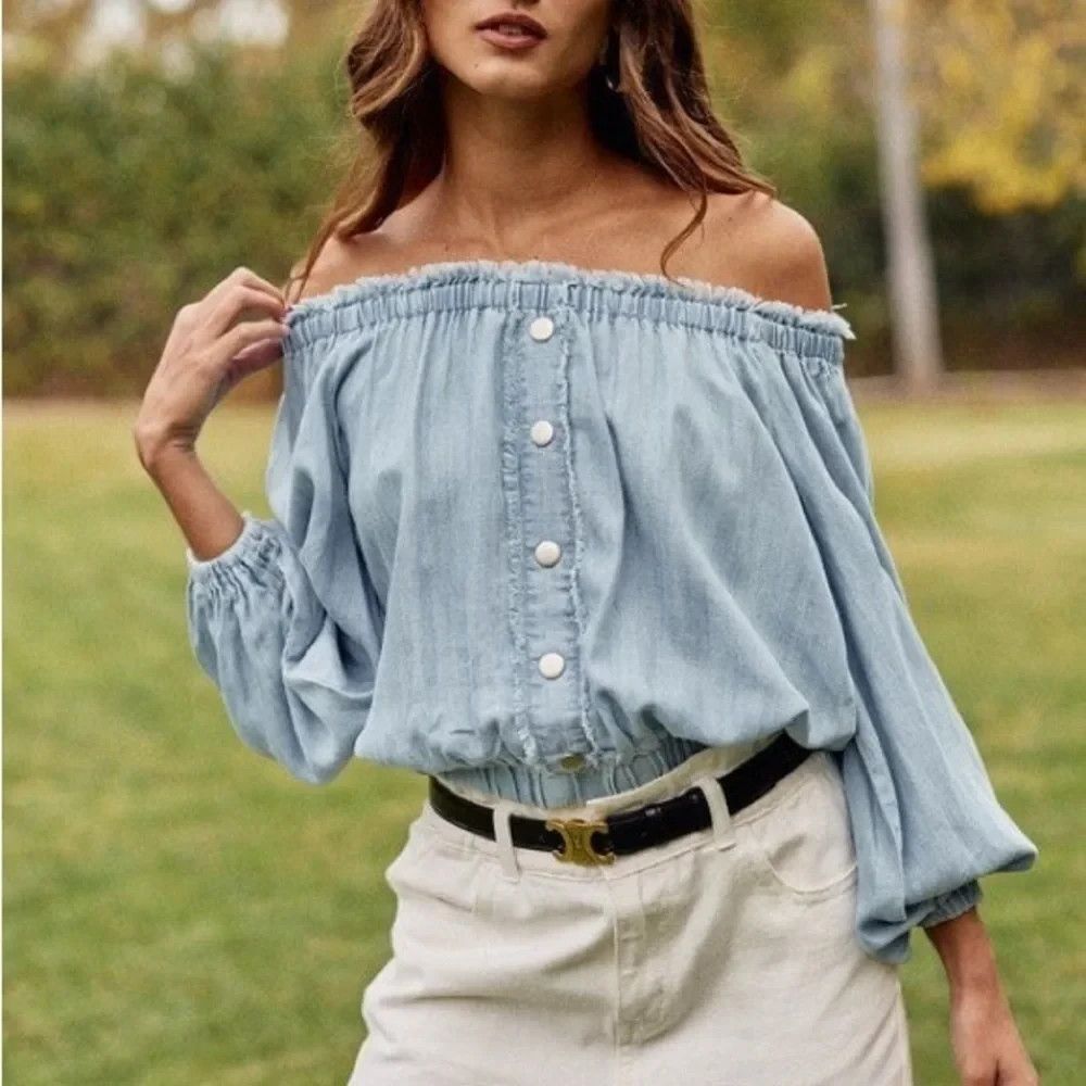 LALAVON Chambray Raw Edge Off Shoulder LS Top Medium Tencel Banded Waist BOHO